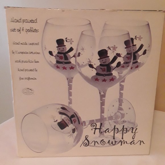 Hand Painted Set of 4 Happy Snowman  Goblets - Picture 1 of 4